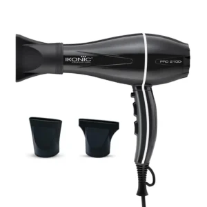 The Ikonic Pro hair dryer provides a quiet and fast drying experience with adjustable heat and speed settings and includes interchangeable nozzles for precision styling.