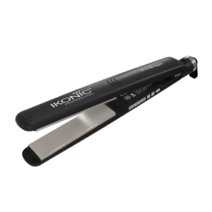 The Ikonic Pro straightener, a black ceramic flat iron, features a curved design for easier control while styling hair for a smooth and healthy finish.