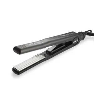 This professional black Ikonic titanium hair crimper features adjustable temperature settings up to 230c and crimper plates for creating crimped hair effects while emitting gentle far infrared heat, leaving hair soft and shiny.