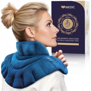Blue iMedic neck warmer filled with lavender and millets provides soothing heat or cold therapy for neck and shoulder pain relief.