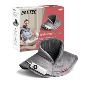 Slate grey Imetec hypoallergenic heating pad for neck and shoulders with Intellisense technology, made of soft micro-plush and inner fleece fabric.