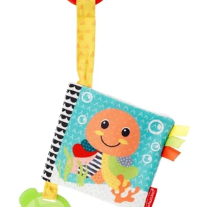 This Infantino crinkle book features fun sounds, high contrast colors, playful prints, and a signature textured teether for babies to explore.