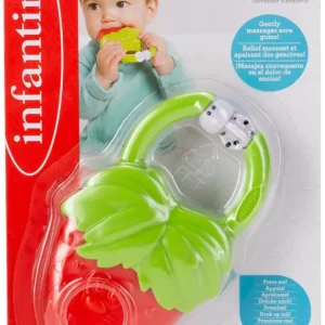 This Infantino strawberry-shaped baby teether features easy-grasp handles, bright colors, and gentle vibrations to soothe sore gums when chewed.