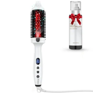 A white infrared bounce brush, also known as a heated thermal round brush, perfect for styling hair.