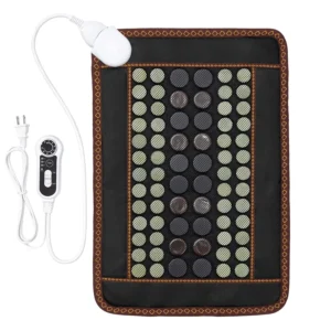 This far infrared heating pad with jade and tourmaline stones offers nine temperature settings from 50℉ to 131℉ and three timer options for back pain relief.