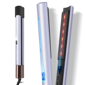 Purple 2 in 1 infrared ion hair straightener with adjustable temperature for creating straight and curly hairstyles with anti-frizz and shine effect.
