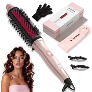 Pink infrared thermal brush designed to smooth, curl, and add volume to hair with adjustable heat settings and negative ion technology for less damage.