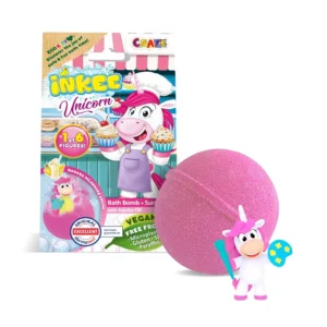 A colorful INKEE unicorn bath bomb for kids, featuring a surprise unicorn toy inside, and scented with banana.