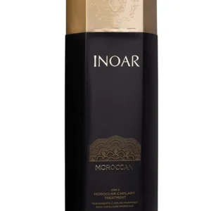 A bottle of Inoar keratin hair treatment designed to smooth unruly, damaged, and frizzy hair, transforming it into silky, shiny, and healthy hair for up to four months.