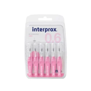 Pack of 18 pink Interprox Nano interdental brushes with flexible head, protective cap, non-slip grip, and plastic-coated wire for gentle cleaning and gum protection.