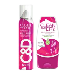 Clean & Dry intimate foam wash with aloe vera and tea tree oil gently cleanses and protects the feminine area while maintaining pH balance, leaving you feeling fresh.