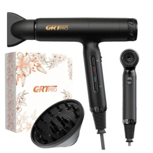 Lightweight ionic hair dryer with diffuser and nozzle, featuring fast drying technology and multiple heat settings for professional styling at home or on the go.