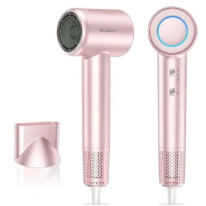 Pink ionic hair dryer with LED display showing the temperature settings, featuring hot, warm, cold, and alternating hot and cold modes for all hair types.