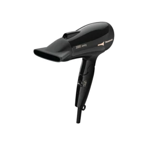 Black Panasonic ionic hair dryer with concentrator nozzle for fast, smooth hair styling.