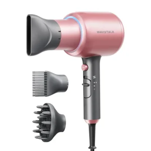 Wavytalk ionic hair dryer with diffuser and comb attachments for fast, salon-quality drying and styling of curly, wavy, and all hair types.