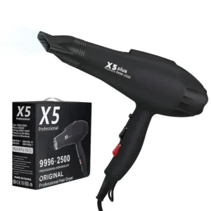 This is a 2500W ionic hair dryer with negative ion technology for fast drying, featuring multiple speed and heat settings, concentrator and diffuser attachments, and a cool shot button for styling curly and straight hair.