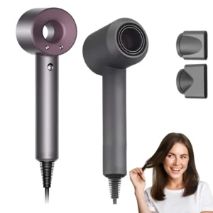 This professional ionic hair dryer features negative ion technology for smooth, shiny hair, dries hair quickly, and includes multiple nozzles for versatile styling.