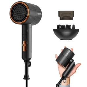 Black 2000W ionic hair dryer with concentrator and diffuser attachments for fast drying and styling at home or while traveling.