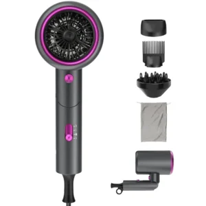 This foldable 2400W ionic hair dryer in gray includes a diffuser and concentrators for fast drying and styling at home or while traveling.