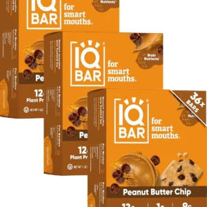 A box of 36 IQBAR Peanut Butter Chip keto protein bars, a low carb and vegan snack with 12g plant protein, designed for energy and focus.