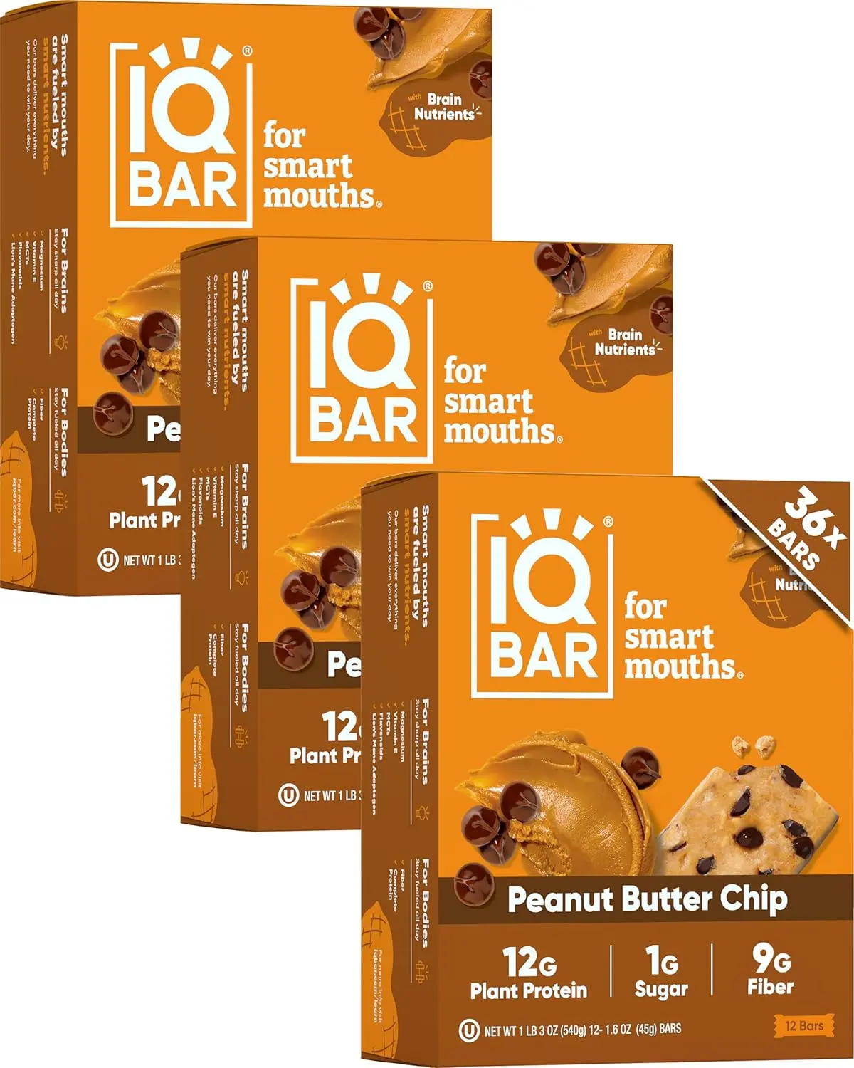 A box of 36 IQBAR Peanut Butter Chip keto protein bars, a low carb and vegan snack with 12g plant protein, designed for energy and focus.