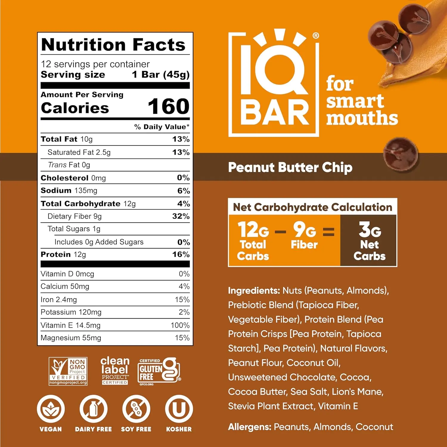 A box of 36 IQBAR Peanut Butter Chip keto protein bars, a low carb and vegan snack with 12g plant protein, designed for energy and focus.