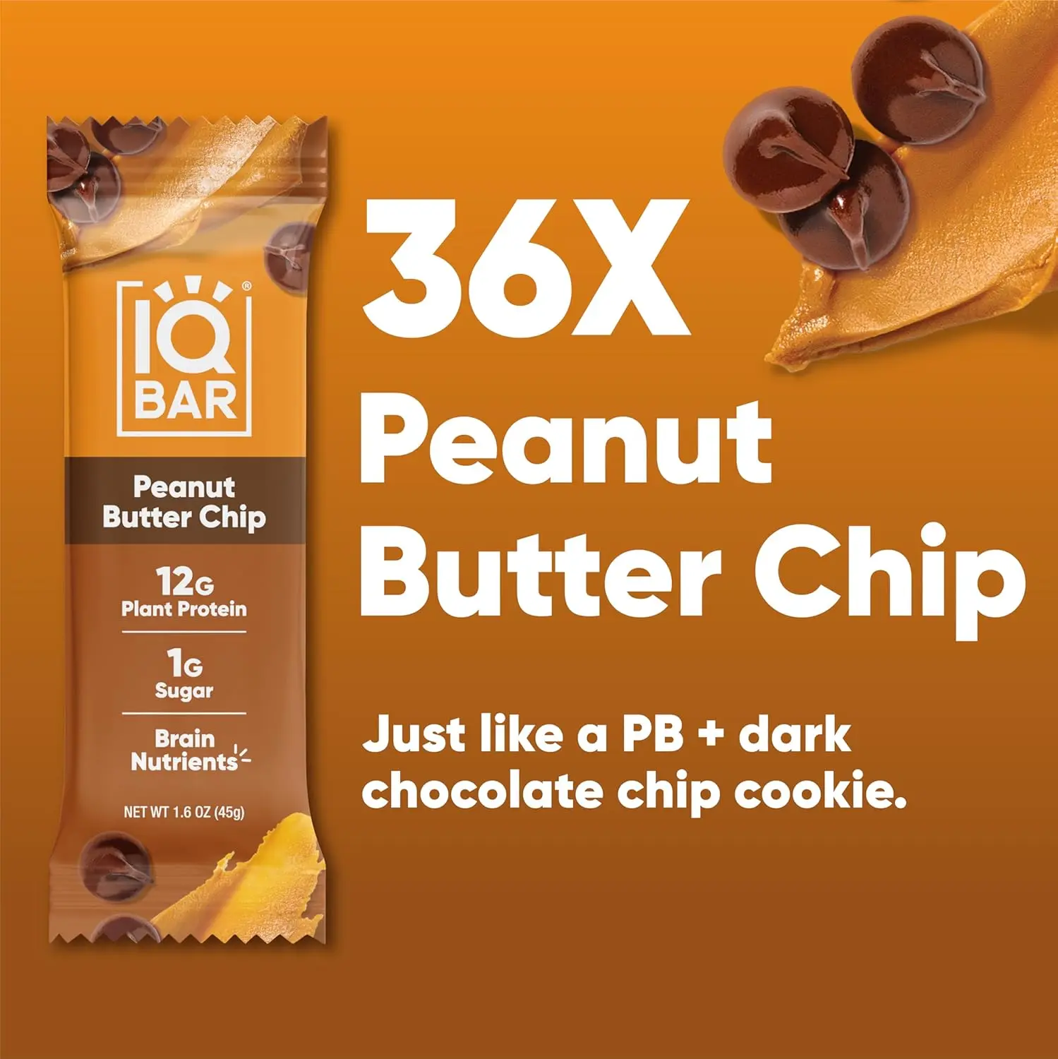 A box of 36 IQBAR Peanut Butter Chip keto protein bars, a low carb and vegan snack with 12g plant protein, designed for energy and focus.