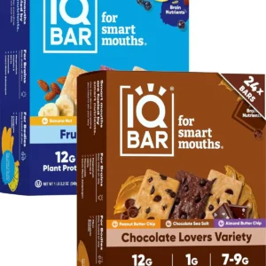 Variety pack of IQBAR keto protein bars for brain and body fuel, featuring chocolate and fruit flavors, with low carb, high fiber, vegan, and low sugar ingredients.