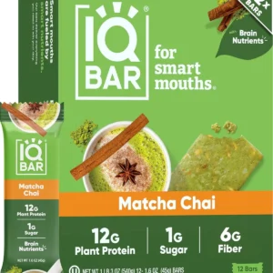 Twelve IQBAR Matcha Chai keto protein bars, a vegan and gluten-free snack for brain and body fuel, packed with fiber and brain-boosting nutrients.