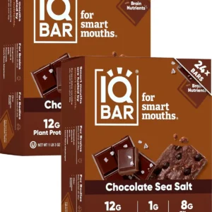 Twenty-four IQBAR chocolate sea salt protein bars, a low-carb, keto-friendly, gluten-free, and vegan snack with 12g plant protein and brain-boosting nutrients.