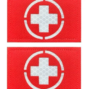 Two infrared reflective medic cross patches made of military grade material, ideal for first aid kits, jackets, and tactical gear.