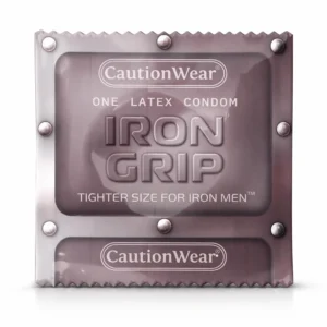 A pack of 24 CautionWear Iron Grip condoms, designed for a snug, secure fit and lubricated with ultra-smooth silicone lubricant.