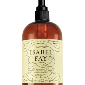 A bottle of Isabel Fay natural personal lubricant for women and men with sensitive skin, free of parabens and glycerin.