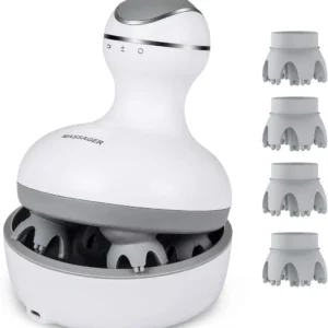 The iScalp head massager offers a deep, kneading massage with four heads and 84 nodes, promoting hair growth and relieving pressure and headaches, and is waterproof for use in the shower.