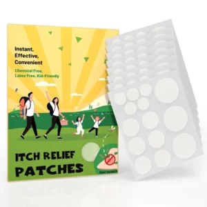 Heart-shaped itch relief patches in three sizes provide natural, fast-acting relief from itching and swelling, perfect for kids and adults.