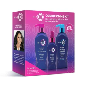 This image shows the It's a 10 Miracle Conditioning Trio Kit, a three-piece haircare set made in the USA, including shampoo, leave-in conditioner, and conditioner.