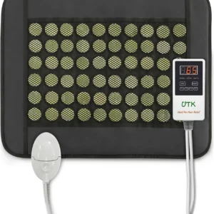 This jade stone heating pad uses far infrared rays to relieve back, abdomen, and leg pain and includes a smart remote controller, carry bag, and chair strap.