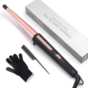 The JAETON tapered curling wand features a ceramic barrel for creating bouncy, salon-quality curls and comes with a heat-resistant glove.