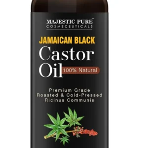 Bottle of Jamaican Black Castor Oil by Majestic Pure for moisturizing hair, skin, and nails.