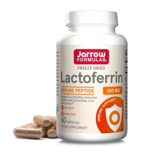 Jarrow Formulas Lactoferrin 250 mg supplement with apolactoferrin supports a healthy immune system and iron utilization, available in gluten-free and non-GMO capsules.