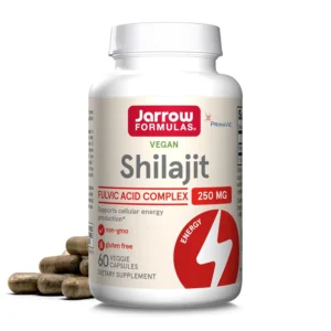 Jarrow Formulas Shilajit Fulvic Acid Complex supports energy production and mitochondrial function with Co-Q10 activity, in gluten-free veggie capsules.