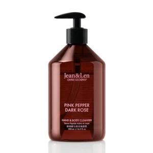 A bottle of Jean & Len Pink Pepper & Dark Rose hand and body cleanser, a vegan liquid soap with a sensual floral fragrance for a fragrant cleaning experience.