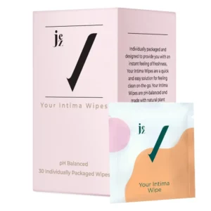 Individually wrapped JEZ Intima Wipes designed for feminine hygiene and gentle cleansing of dry skin on the go.
