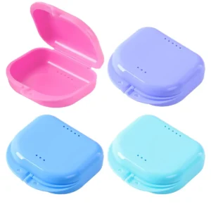 This 4 pack of JMU retainer cases in assorted colors offers convenient and sanitary storage for dental appliances like retainers, aligners, and mouth guards, featuring vent holes and a secure snap closure.