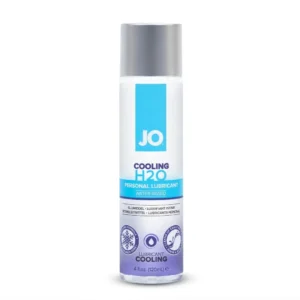 A bottle of JO H2O Cooling lubricant, a water-based personal lubricant with a refreshing peppermint cooling sensation, safe for use with toys and condoms.