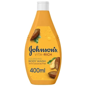 Johnson's Vita-Rich cocoa butter body wash provides 24-hour hydration with a rich, velvety formula, leaving skin soft and nourished thanks to cocoa butter and glycerin.