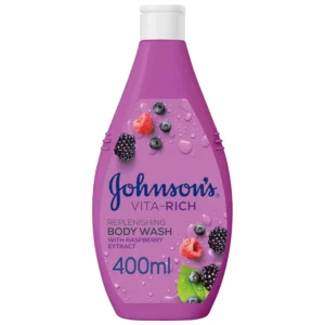 Johnson's Vita-Rich body wash enriched with raspberry extract and wild berries, provides long-lasting 24-hour hydration and gentle cleansing for dry skin.