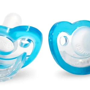 This blue RaZbaby JollyPop pacifier, designed for newborns 0-3 months, is made in the USA from medical-grade silicone and features an orthodontic design that respects the natural development of a baby's teeth and gums.