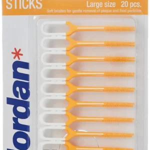 Large Jordan Clean Between Sticks with mint flavor and fluoride gently cleans interdental spaces, removes plaque, and stimulates gums for healthy teeth.