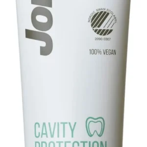 A tube of Jordan Green Clean cavity protection toothpaste, a vegan dental care product with 98% natural ingredients and recycled packaging.